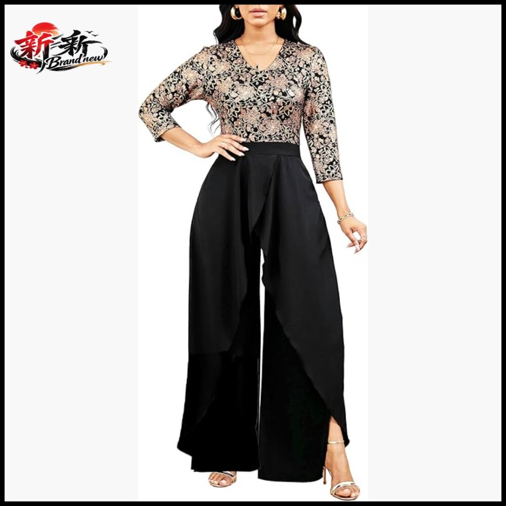 Sparkly Overlay Jumpsuit Long Sleeve High Waist Maxi Length